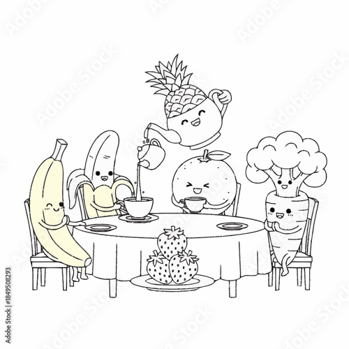 Cartoon fruits and vegetables enjoying tea party around table