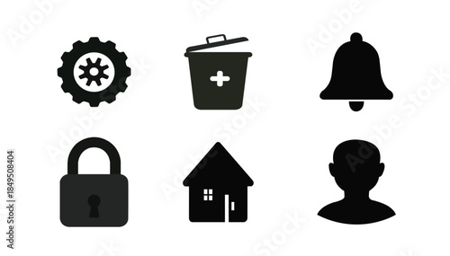 "Basic Interface Icons Set — Settings, Delete, Notification, Lock, Home, and User Profile Symbols"
