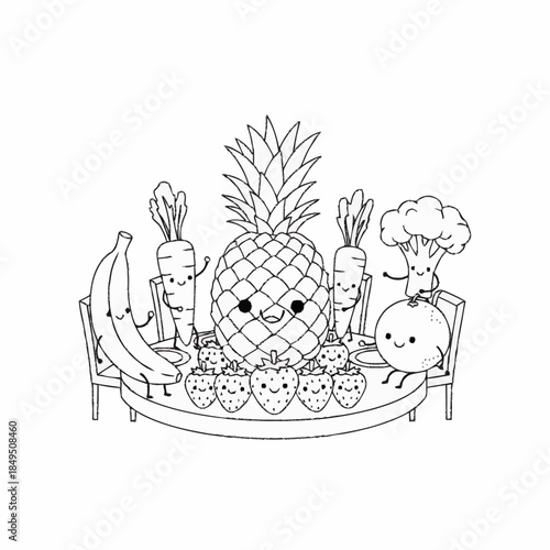 Funny kawaii fruits and vegetables around table