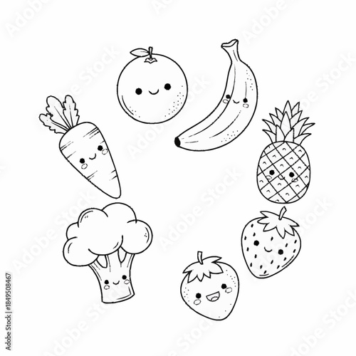 Circle arrangement of kawaii fruits and vegetables