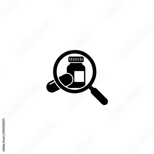 A minimalist black and white icon featuring a medicine pill capsule and a magnifying glass, symbolizing pharmaceutical research, medication efficacy, and Type 2 diabetes treatment