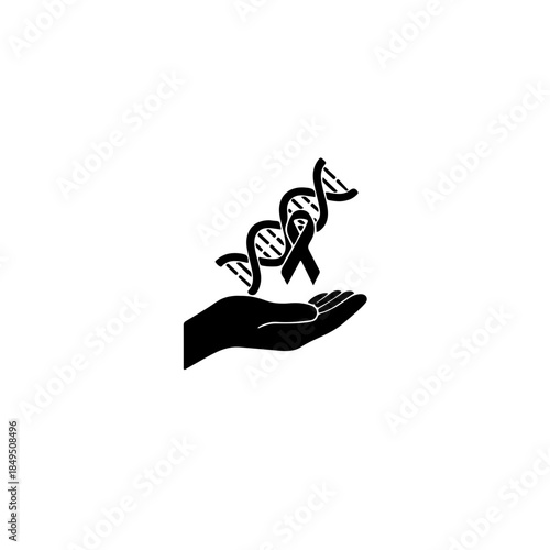 A black and white icon of a hand holding a DNA strand entwined with an awareness ribbon, symbolizing genetic research, medical science, and the search for a diabetes cure