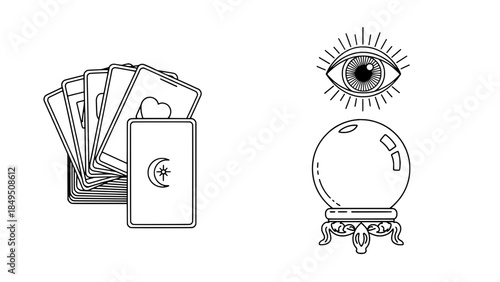 Line art of fanned tarot cards beside a crystal ball and eye symbol, minimal vector illustration