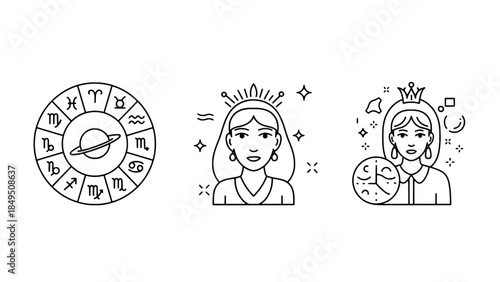 Zodiac wheel icon, haloed head icon, crowned brain icon — black outline vector illustration set (3 icons)