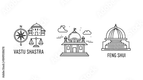 Line art icon set featuring a compass for Vastu Shastra, a central temple, and a Feng Shui domed building (black-and-white vector illustrations)