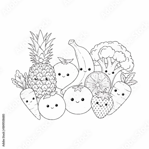 Group of happy cartoon fruits and vegetables