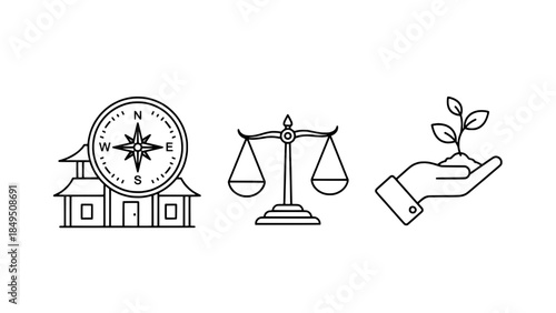 Minimalist line icon set: house with compass, scales of justice, and a hand holding a sprouting plant