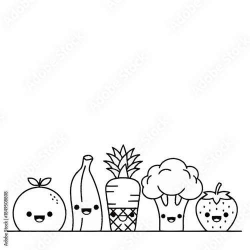 Cute cartoon fruits and vegetables standing in a row on white background