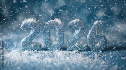 Snowy Glittery Numbers Representing the Year 2026 with Soft Blue Background and Falling Snowflakes