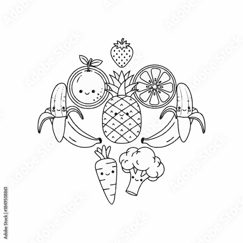 Whimsical arrangement of happy cartoon fruits and vegetables with crown