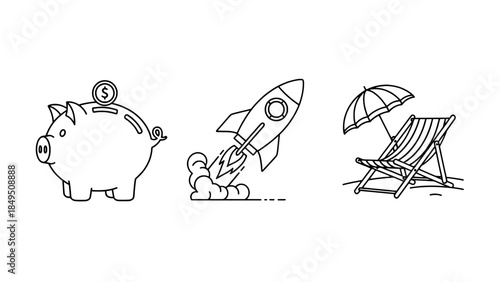 Line art icons: piggy bank with coin, rocket launch, and beach chair with umbrella