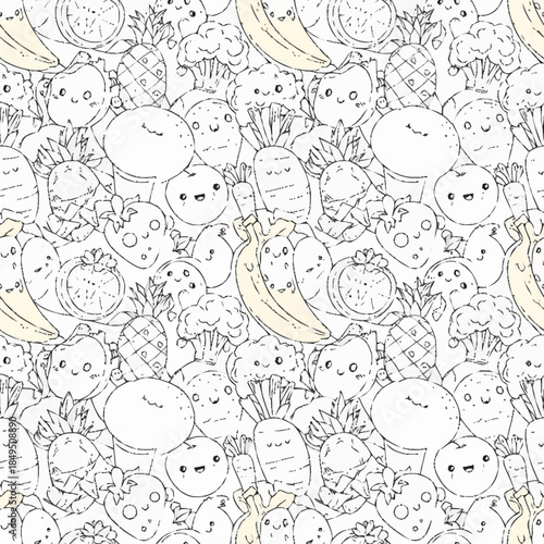 Seamless pattern of happy cartoon fruits and vegetables for coloring