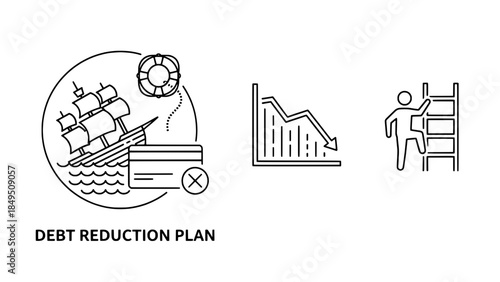 Debt Reduction Plan: circular ship icon with life preserver, downward-trend chart, and ladder-climber in minimalist line art