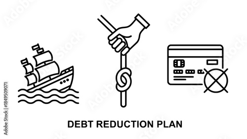 Debt Reduction Plan - line art icons: ship at sea, hand pulling rope, cancelled credit card