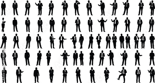 Business men silhouettes collection, professional corporate male figures in suits showing diverse standing and gesture poses, leadership teamwork concepts, clean black vector illustration