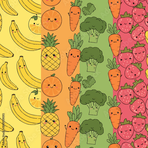 Playful pattern with rows of smiling cartoon fruits and vegetables
