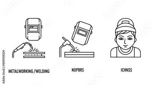 Minimalist line-art welding safety icons set: metalworking, PPE and helmet illustration