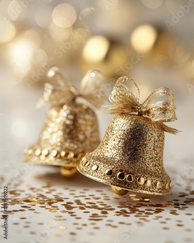 Sparkling Golden Christmas Bells with Ribbons on Glittering Background for Holiday Celebrations and Festive Decor
