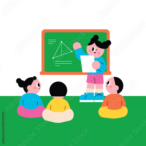Geometry Lesson for Young Students.An elementary school student confidently presenting in front of her friends.