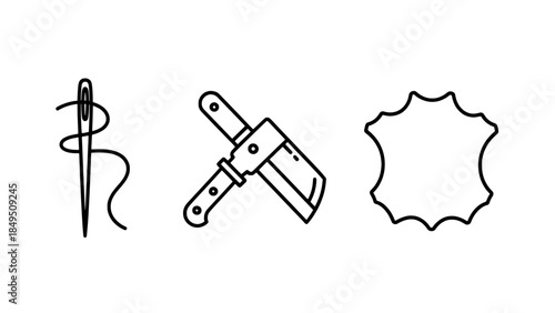 Lineart icons: sewing needle with thread, folding pocket knife, and jagged burst outline (vector, outline style)