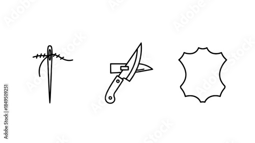 Minimalist line icons: sewing needle with thread, folding knife, scalloped badge outline