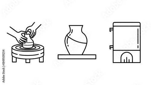 Pottery icons trio: pottery wheel with shaping hands, vase on pedestal, and kiln illustration (outline vector)
