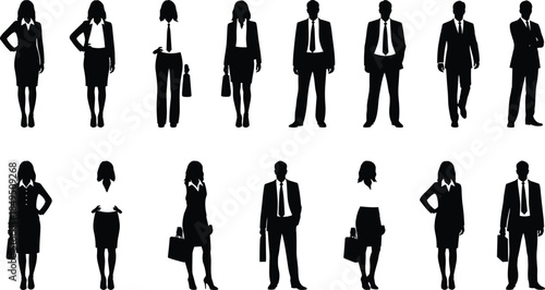 Business people silhouette collection, professional men and women office workers in formal attire, corporate team poses, workplace career lifestyle vector illustration