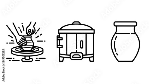 Line art icons of pottery: a potter's wheel with shaping clay, a kiln, and a vase