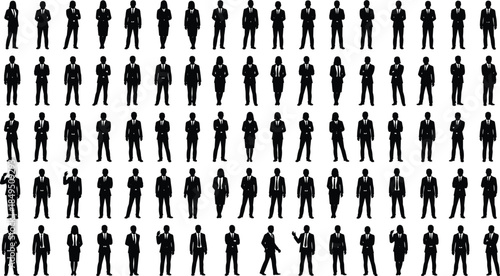 Business people silhouettes collection, professional corporate men and women in formal suits with standing poses, leadership teamwork diversity concept, clean black vector illustration