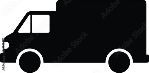 Delivery truck silhouette icon, commercial cargo vehicle side view illustration for logistics transportation services, freight shipping concept, clean black vector design