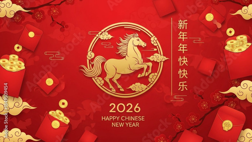 2026 chinese new year golden horse design with red background