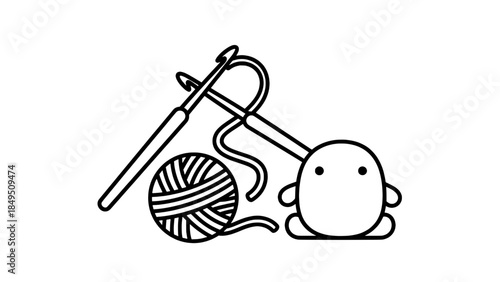 Cute yarn ball with knitting needles and a small cartoon character in line art
