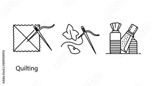 Quilting icons set: needle and thread, fabric patches, and craft bottles (line art vector)
