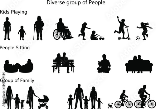 Diverse group of people silhouettes illustration, kids playing people sitting and family activities, inclusive community lifestyle scenes, human figures vector design