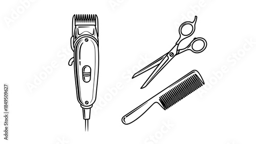 Line-art vector illustration of hair trimmer, scissors and comb (grooming tools)