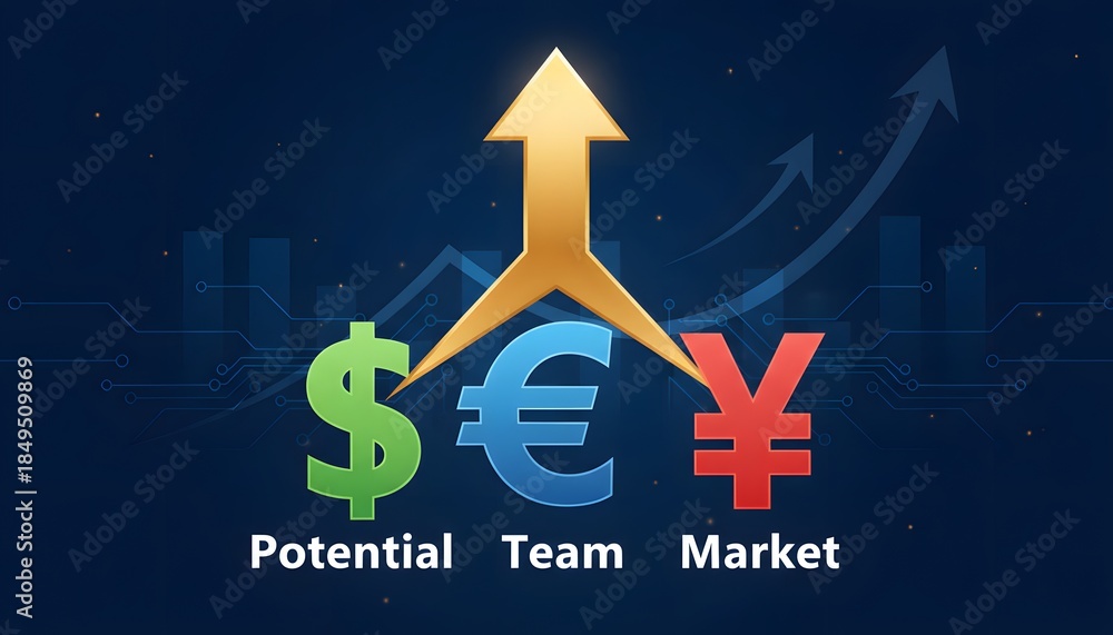 Obraz premium Global currency symbols with upward arrows signaling team-driven market growth, potential investment, financial opportunity, and economic momentum