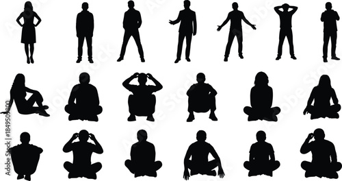 Human silhouettes collection showing standing and sitting poses, male and female body language expressions, emotional gestures set, clean black vector illustration