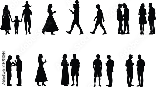 People interaction silhouette collection, families couples and individuals walking talking using phones, social communication gestures, modern daily life human figures vector illustration