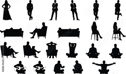 People silhouettes set with standing, sitting, relaxing and working poses, male and female figures expressing lifestyle activities, body language concepts, black vector illustration