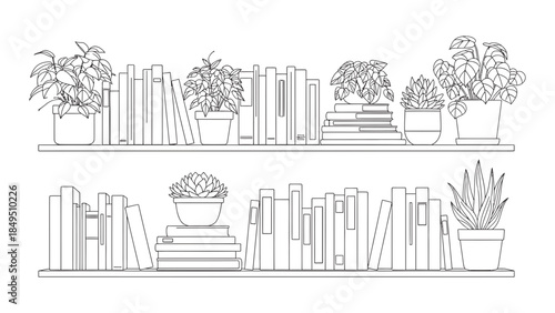 A detailed line art illustration depicting two shelves filled with a collection of books and indoor plants