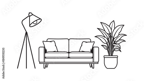 A simple black and white line art illustration of a cozy living room setup