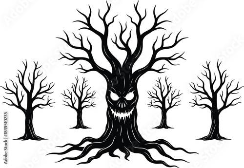 Scary haunted tree silhouette illustration, evil face forest concept for Halloween horror design, dark fantasy artwork, spooky nature, creepy black vector graphic