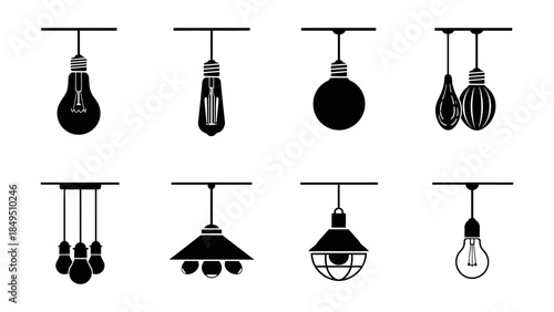 Set of modern and industrial hanging light fixtures and vintage style bulbs