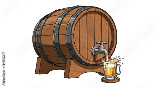An illustration of a traditional wooden barrel with a tap dispensing foamy beer into a mug