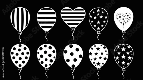 A set of black and white silhouette balloon icons with diverse patterns for celebration
