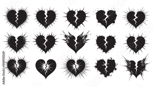 A collection of stylized black broken heart icons representing heartbreak and emotional pain