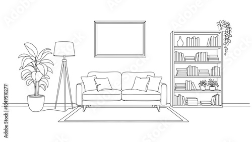 Detailed black and white sketch of a comfortable living room interior with furniture arrangement