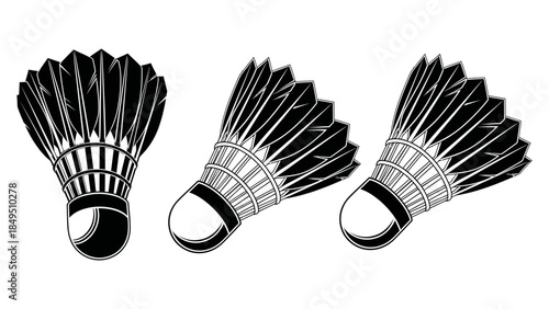 Three black and white illustrations depicting badminton shuttlecocks from various angles