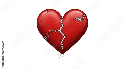 A red heart stitched together after being broken, symbolizing healing and recovery