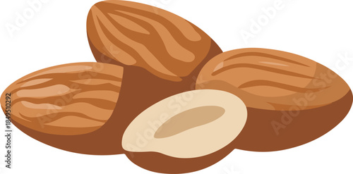 Pile of almonds with one half almond showing inner nut for healthy food snack and nutrition concepts